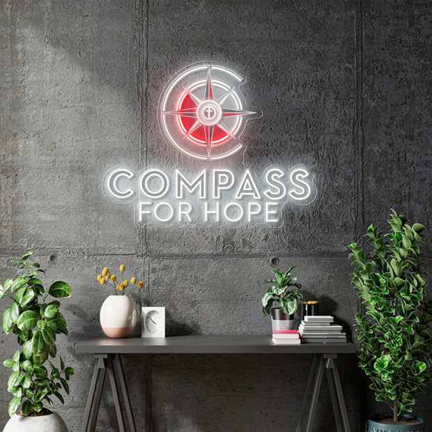 Custom Neon - COMPASS FOR HOME  - White and Red - 30inch x 23inch   -  Remote dimmer and Delivery