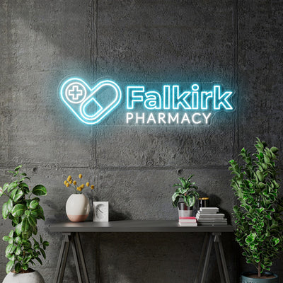 Custom neon - Falkirk Pharmacy - Light Blue and White -80x23cm   - incl Shipping and 2yrs Warranty