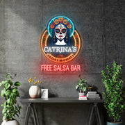 Custom Neon - Catrinas Free Salsa Bar - 38 x 27 inch  - Light Blue, Orange, Red and White  -  Delivery and Remote