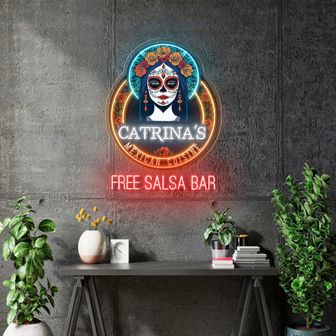 Custom Neon - Catrinas Free Salsa Bar - 38 x 27 inch  - Light Blue, Orange, Red and White  -  Delivery and Remote