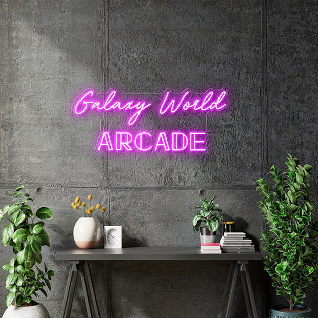 Custom Neon -  GALAXY WORLD ARCADE - Hot pink - Size: 30 x 12 inch - indoor Sign