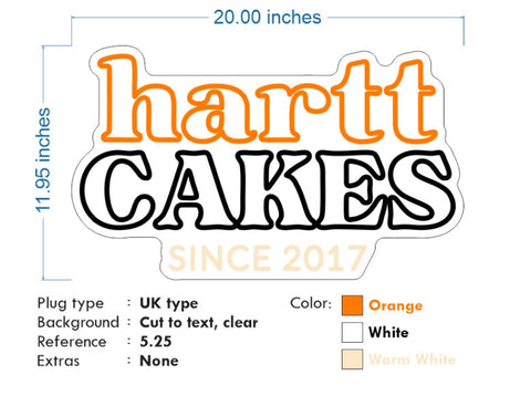 Custom Neon - Hartt Cakes - Orange White and Warm white - 20nch x 11inch - indoor Signs - Free Delivery and Remote Controls