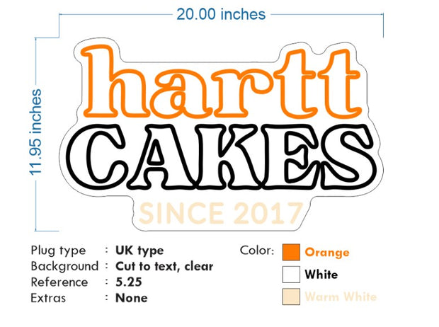 Custom Neon - Hartt Cakes - Orange White and Warm white - 20nch x 11inch - indoor Signs - Free Delivery and Remote Controls