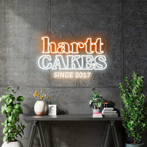 Custom Neon - Hartt Cakes - Orange White and Warm white - 20nch x 11inch - indoor Signs - Free Delivery and Remote Controls