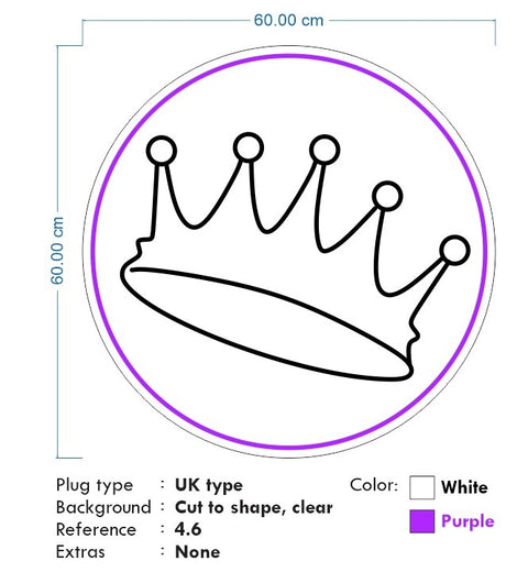 Custom Neon - Crown in Circle -  White and Purple - 60cm  - indoor Signs