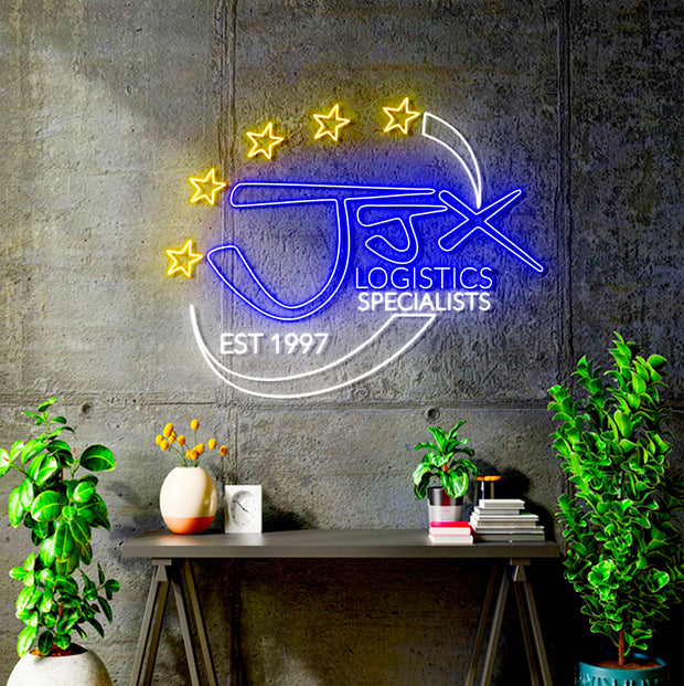 Custom Neon -  JJX logistics - Blue, Yellow, Cool White -  30"x24" - INDOOR IP rated - Remote dimmer and Delivery