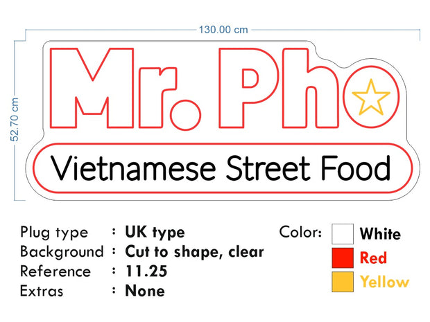 Custom Neon - Mr Pho Vietnamese Restaurant - 130x 52cm - Yellow Red and White - Remote dimmer and Delivery