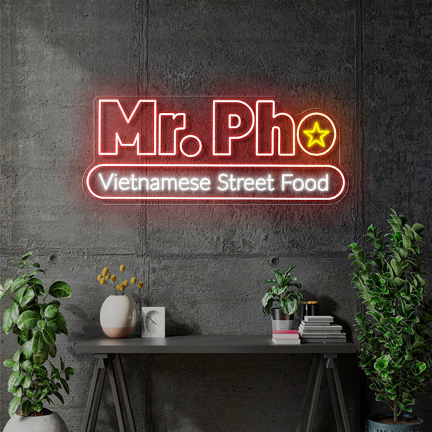 Custom Neon - Mr Pho Vietnamese Restaurant - 130x 52cm - Yellow Red and White - Remote dimmer and Delivery