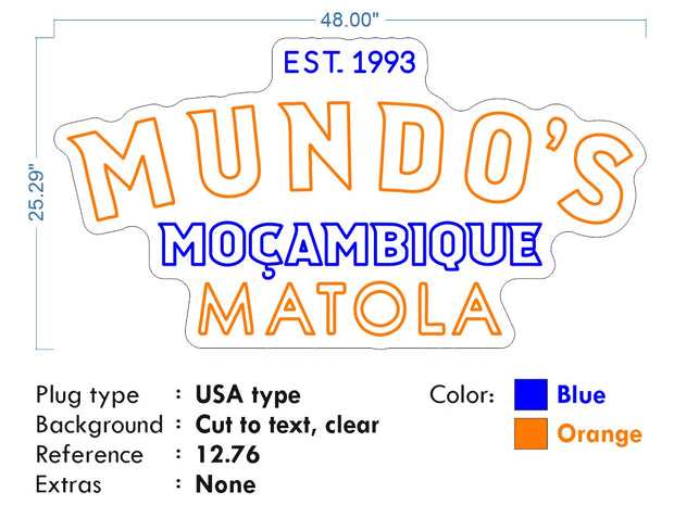 Custom neon - Mundo's Matola - Orange and Blue - Size: 48 x 25 inch   - incl Shipping and 2yrs Warranty