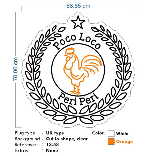 Custom Neon - Poco Loco Peri Peri - 70cm x 68cm - White and Orange-  Delivery incl.