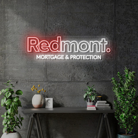 Custom Neon - Redmont. Mortgage and Protection - 100x30cm - Red and White - Remote dimmer and Delivery