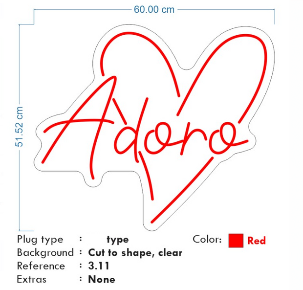 Custom Neon - Adoro in Heart Shape  - Red -  Size 60x 51 cm - EU Plug - Remote dimmer and Delivery