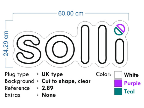 Custom neon - Solli logo -WHITE, TEAL, Violet  - 60cm x 24cm  - incl Shipping and 2yrs Warranty