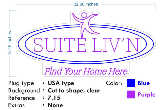 Custom Neon -  Suite Liv'n - Blue and Purple - 32 x 15inch  - Remote dimmer and Delivery