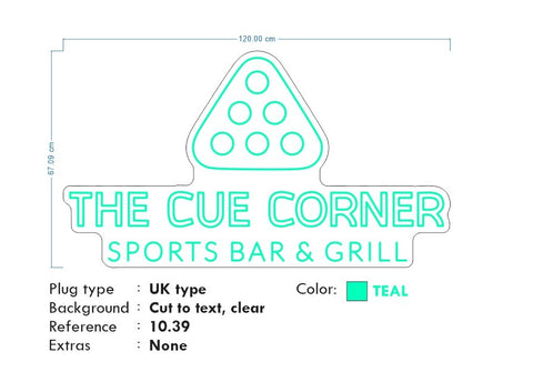 Custom Neon -  THE CUE CORNER LOGO - TEAL neon -  120cm (4ft) x 67cm   - indoor Signs