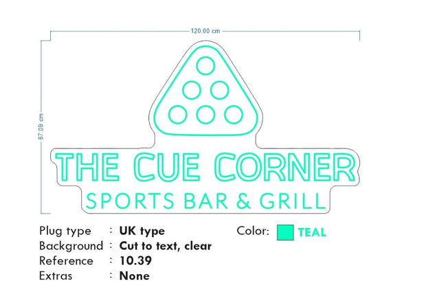 Custom Neon -  THE CUE CORNER LOGO - TEAL neon -  120cm (4ft) x 67cm   - indoor Signs