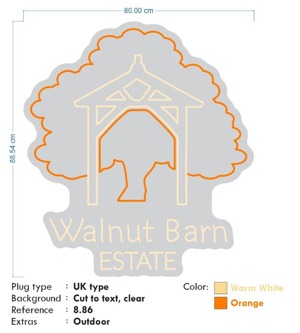 Custom Neon -  Walnut Barn Estate  - Size: 80 x 88cm - Warm white and Orange - OUTDOOR IP rated - Remote dimmer and Delivery