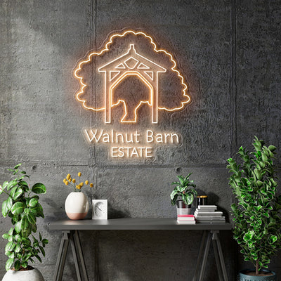 Custom Neon -  Walnut Barn Estate  - Size: 80 x 88cm - Warm white and Orange - OUTDOOR IP rated - Remote dimmer and Delivery