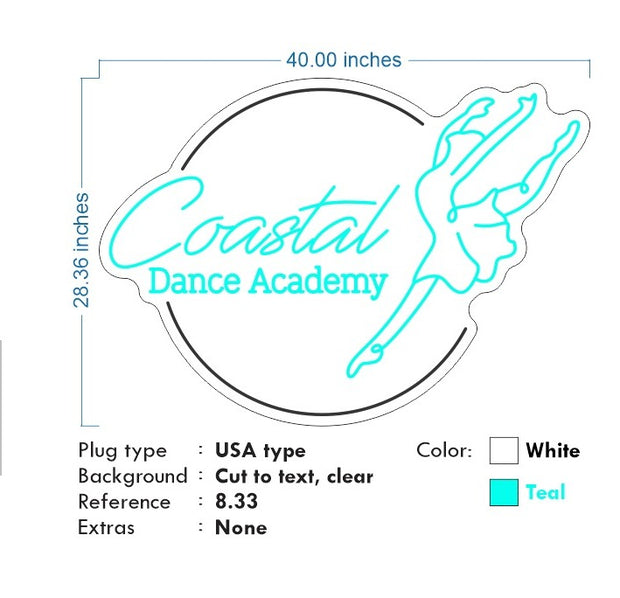 Custom Neon - Neon Sign | Coastal Dance Academy - Light blue and White - 40x28inch - dimmer and delivery (Copy)