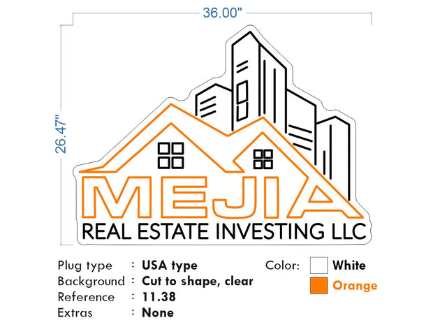 Custom Neon - MEJIA REAL ESTATE Logo - White and Orange - 36"x26" - indoor Signs