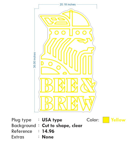 Custom Neon -  BEE & BREW - YELLOW - Size: 36x 20inch  - indoor Sign