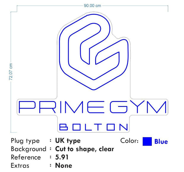 Custom Neon -  Prime Gym Bolton - Blue 90cm x 72cm    - Remote dimmer and Delivery