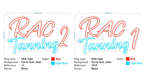 Custom Neon -  RAC TANNING  -RED and Light Blue  - 99cm x 62cm - Remote dimmer and Delivery