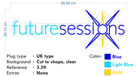 Custom Neon -  FUTURE SESSIONS - Light Blue, Blue and Yellow - 80 x 29cm - INDOOR  - Remote dimmer and Delivery