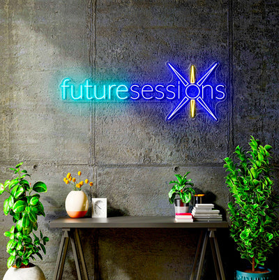 Custom Neon -  FUTURE SESSIONS - Light Blue, Blue and Yellow - 80 x 29cm - INDOOR  - Remote dimmer and Delivery