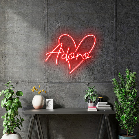 Custom Neon - Adoro in Heart Shape  - Red -  Size 60x 51 cm - EU Plug - Remote dimmer and Delivery